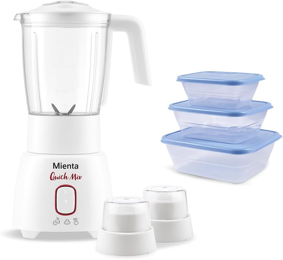Mienta Quick Mix Countertop Blender with 2 Grinders 1.75 Liter 600 Watt White - BL1281H, with 3 Plastic Food Containers