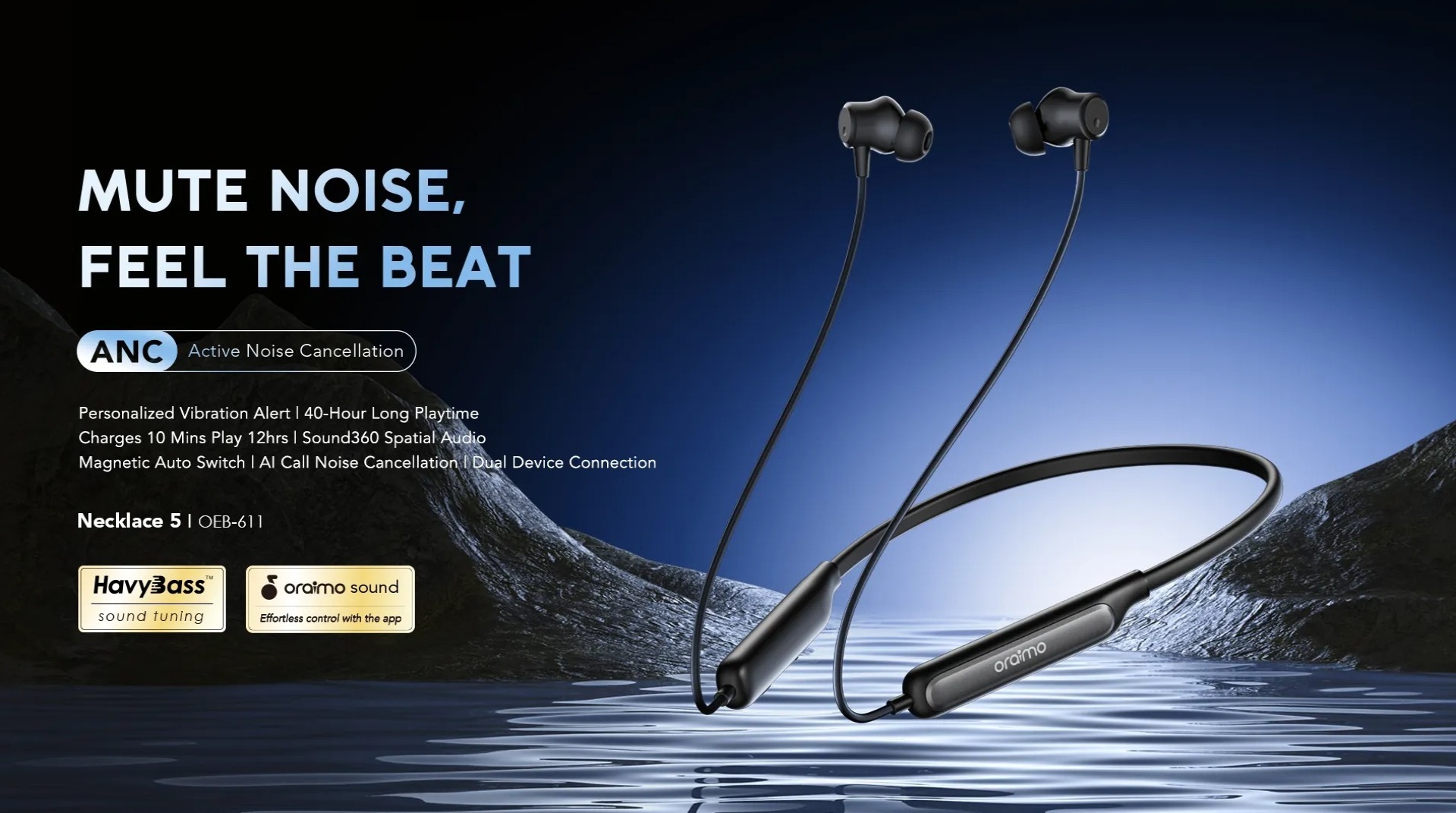 Oraimo Necklace 5 Wireless Neckband In-Ear Earphones , Active Noise Cancellation , Black - OEB-611