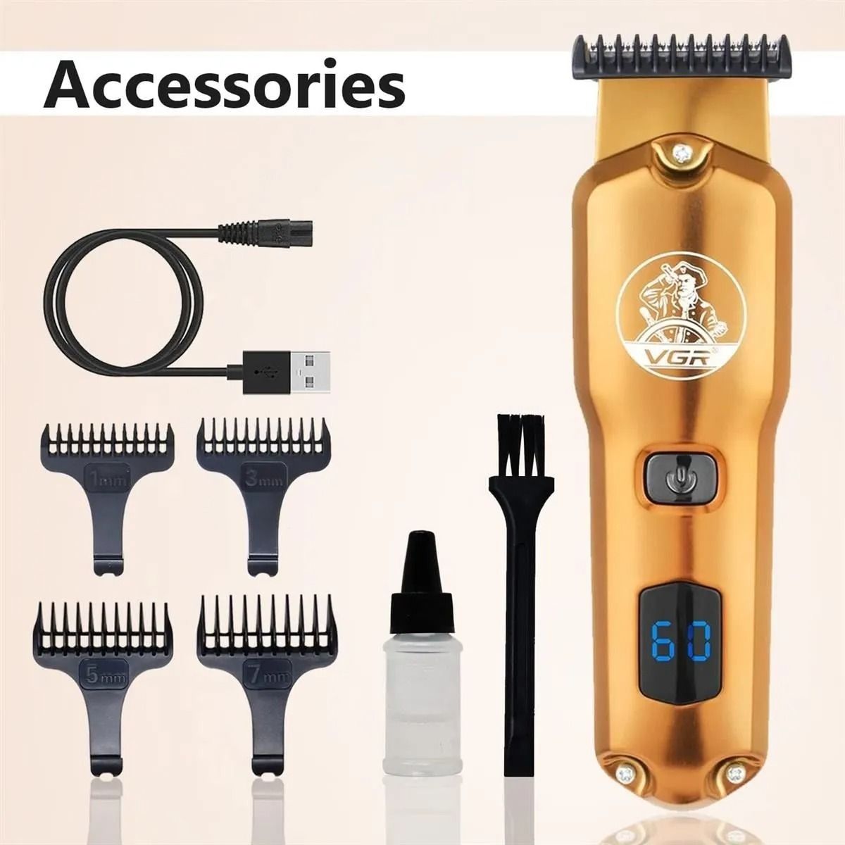 VGR Professional Rechargeable Hair Trimmer with Attachments Wet & Dry , Gold - V-927