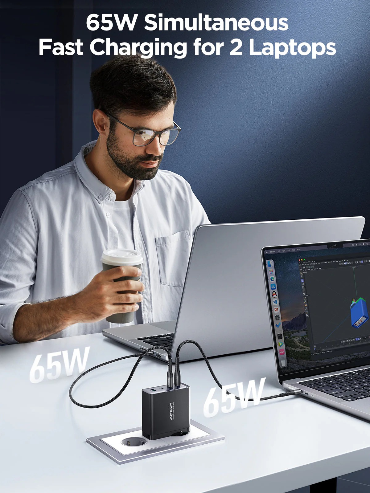 شاحن مع كابل Type C جوي روم ، عدد 4 منفذ متعدد المنافذ ، قدرة 140 وات ، اسود - JR-TCG05