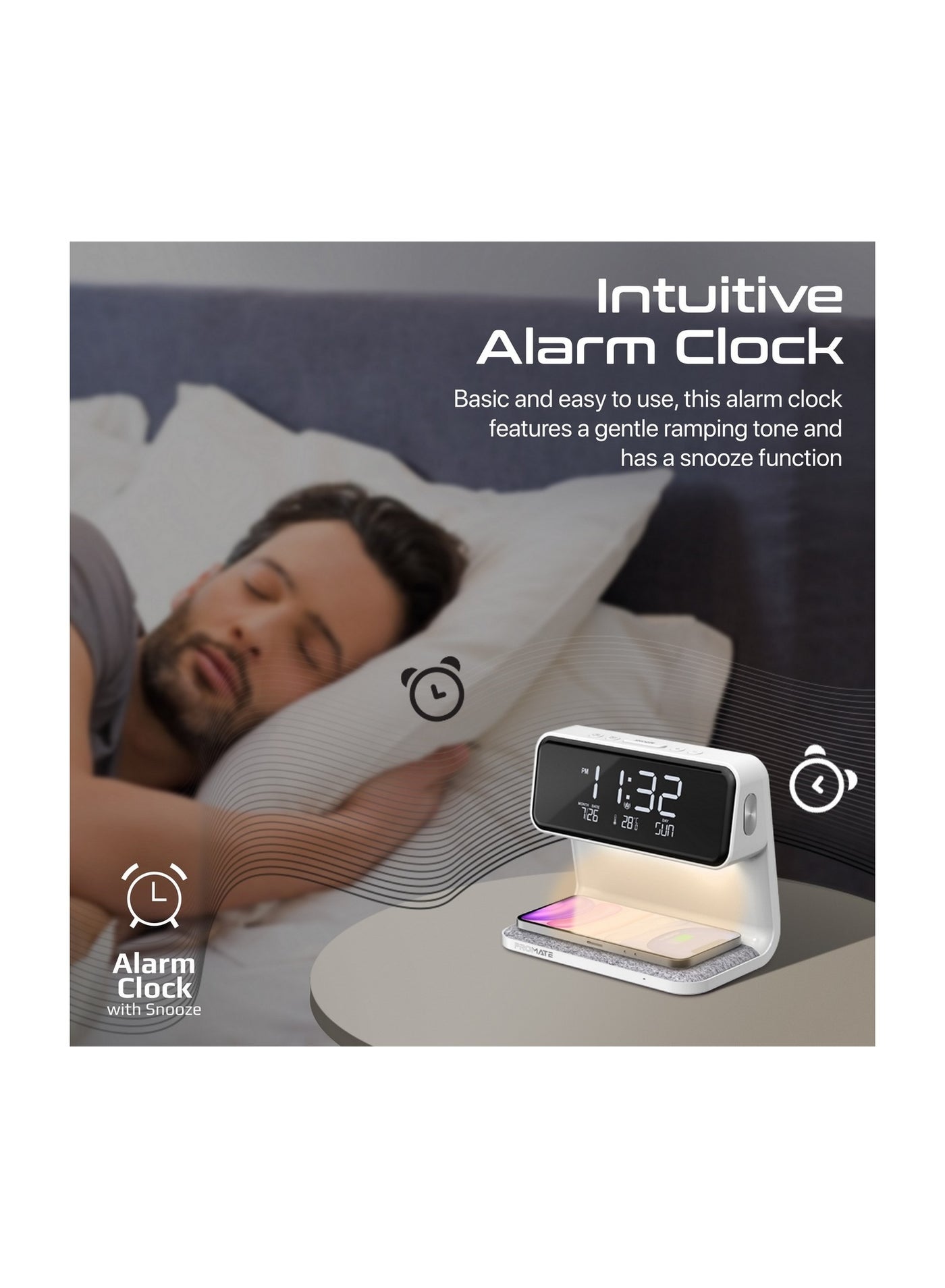 Promate Digital Alarm Clock with Wireless Charging Pad , White - LUMIX-15W.WHITE