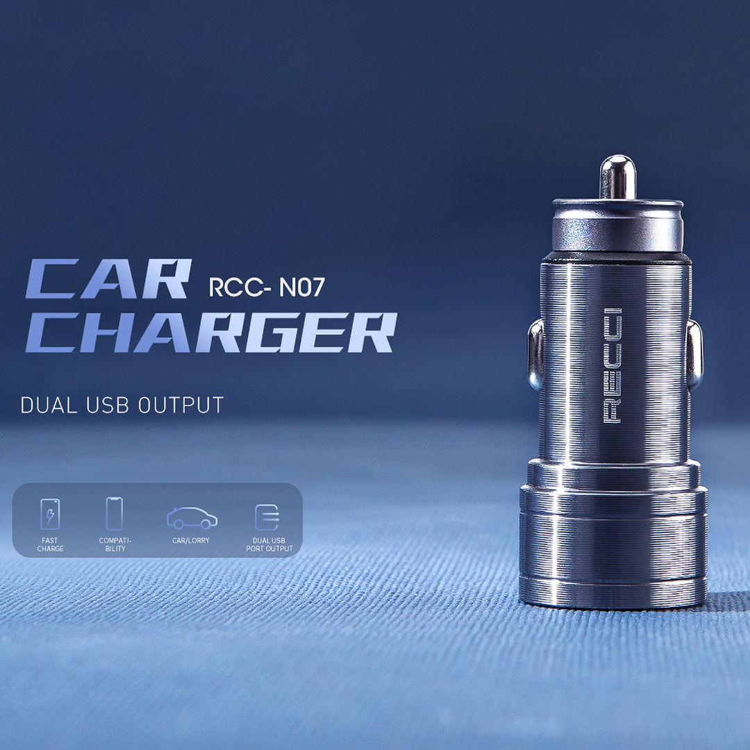 Recci Car Charger , 2 Ports , USB-A , 30 Watt , 5 Volt , Gray - RCC-N07
