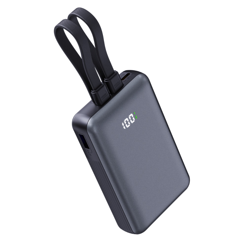 Nine DUO Power Wired Power Bank with Built-in Cables , 10000 mAh 2 Ports , Black