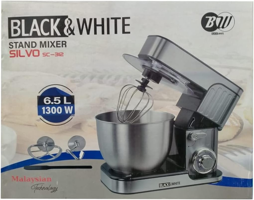 Black & White Stand Mixer 6.5 Liter Stainless Steel - SC-312