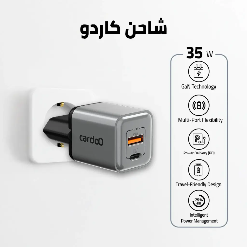 Cardoo Wall Charger , 2 Ports Dual Ports Type C and A , 35 Watt 240 Volt Black Silver - CGLAEU01