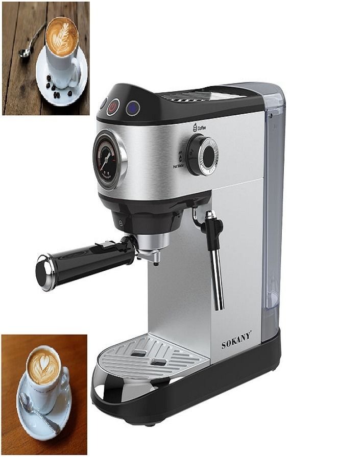 Sokany Espresso Machine , 1 Liter 2 Cups 1450 Watt , Silver Black - SK-696B