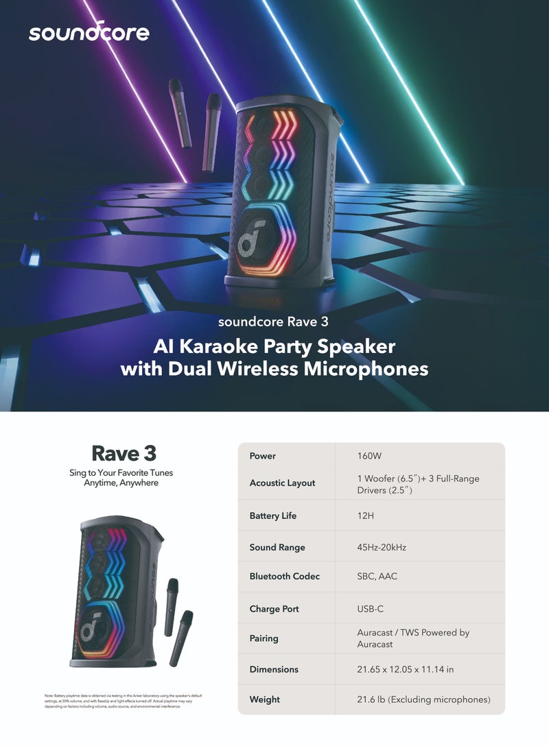 مكبر صوت بلوتوث محمول انكر Soundcore Rave 3 ، اسود - A31A3011