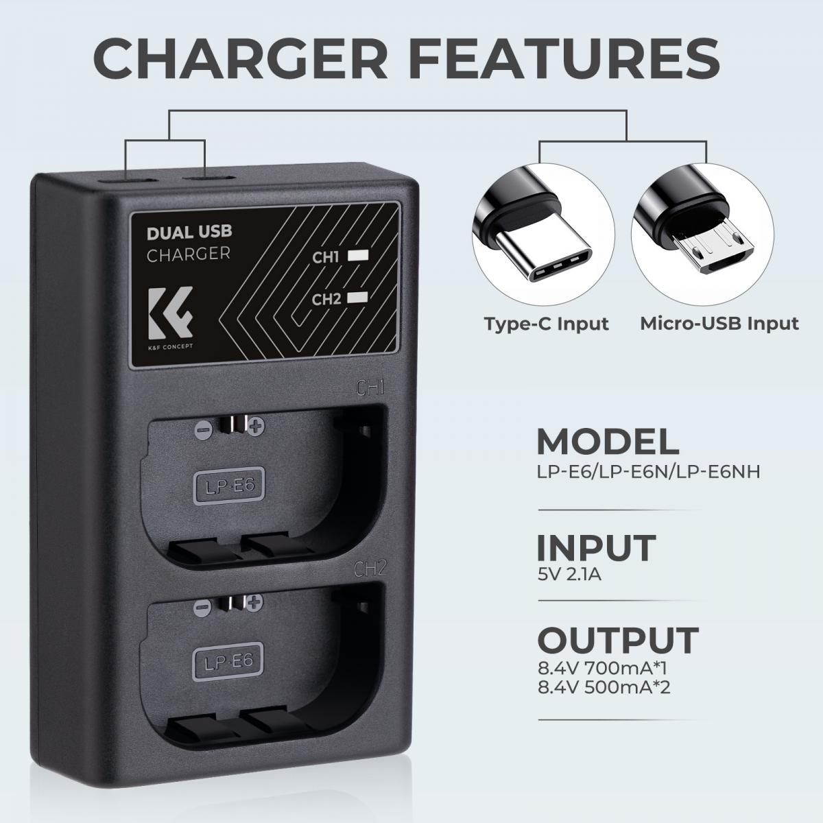 K&F Concept Camera Battery Kit with Dual Charger forCanon LP-E6، LP-E6N، LP-E6NH ,Black - KF28.0007