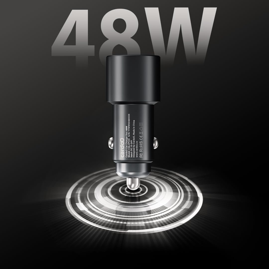 Cardoo Car Charger , 2 Ports , USB , 48 Watt , 12 Volt , Silver - CGLCPC01