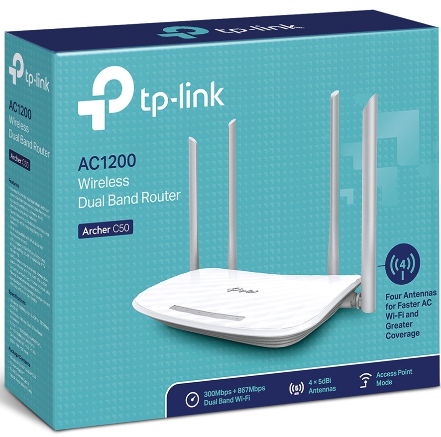 Tp-Link AC1200 Wireless Router , 4 Ports , White - Archer C50