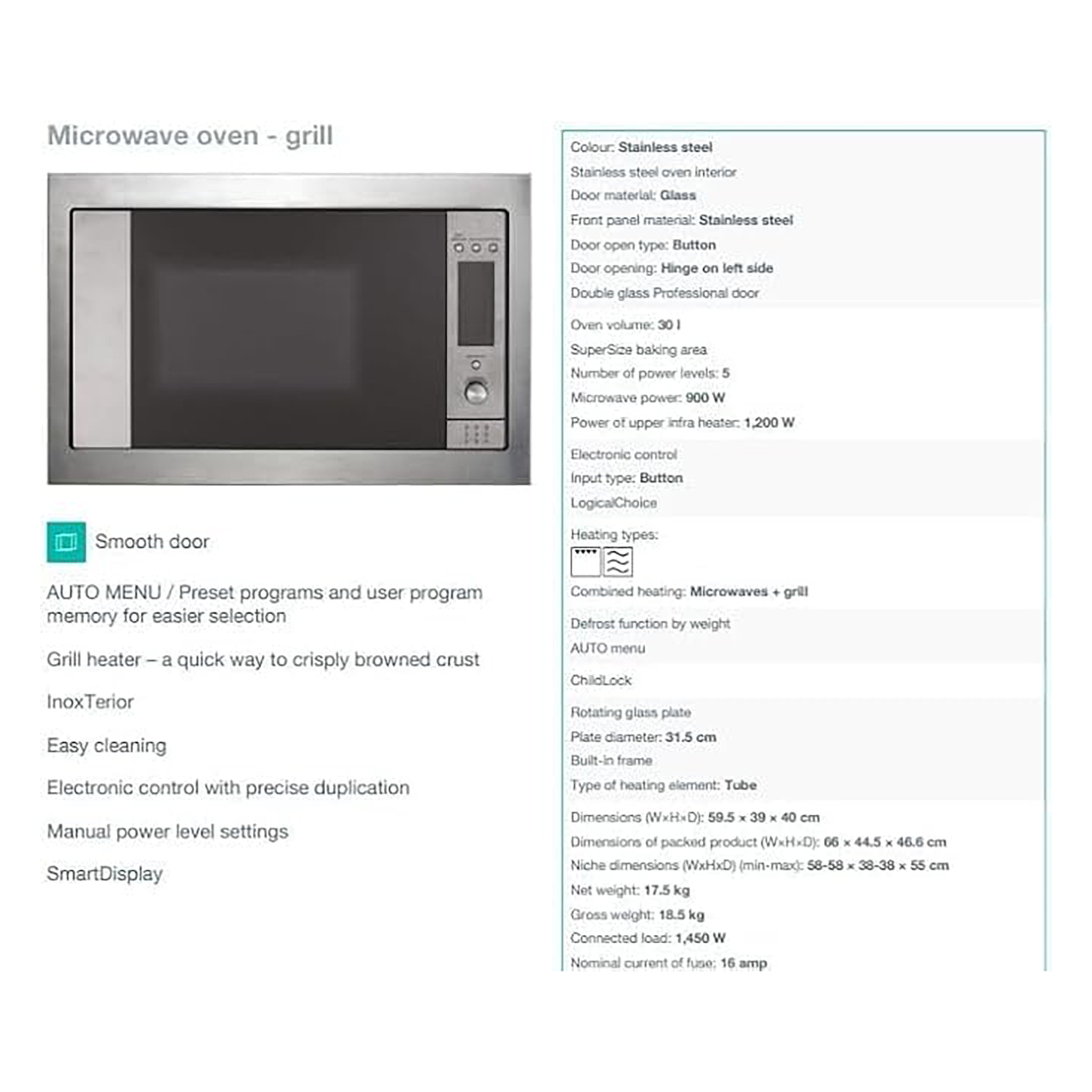 Gorenje Built In Microwave with Grill , 30 Liter 900 Watt , Stainless Steel - BM5350X