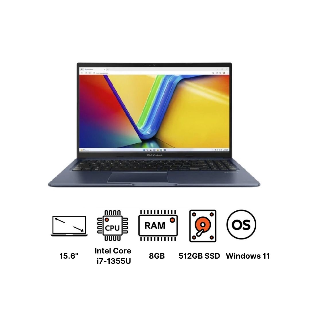 لاب توب اسوس فيفو بوك - X1504VA-NJ017W ، معالج انتل كور i7-1355U 15.6 بوصة ، هارد 512 جيجا بايت SSD ، رام 8 جيجا بايت ، كارت شاشة انتل ايريس XE جرافيكس ،ويندوز 11 - ازرق كوايت
