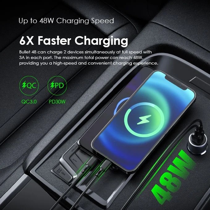 Oraimo Bullet Car Charger , 2 Ports , Dual Ports Type C and A , 48 Watt , 5 Volt , Dark Chrome - OCC-73D