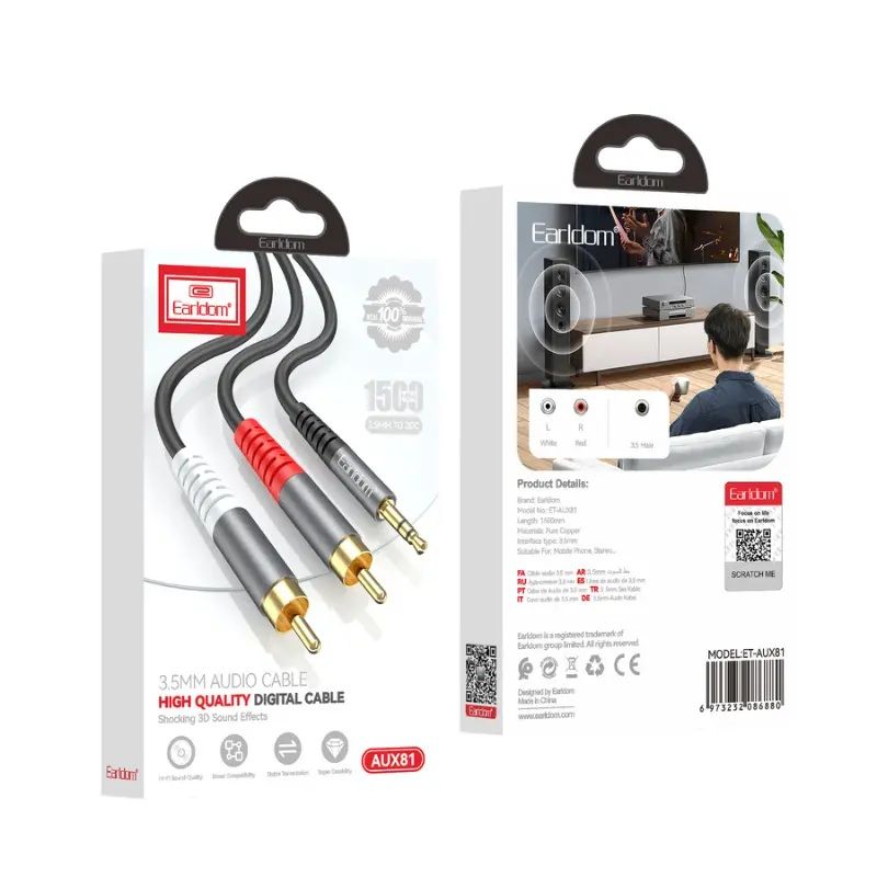 Earldom 3.5 mm Audio Cable 1 Meter Black/Grey - AUX81