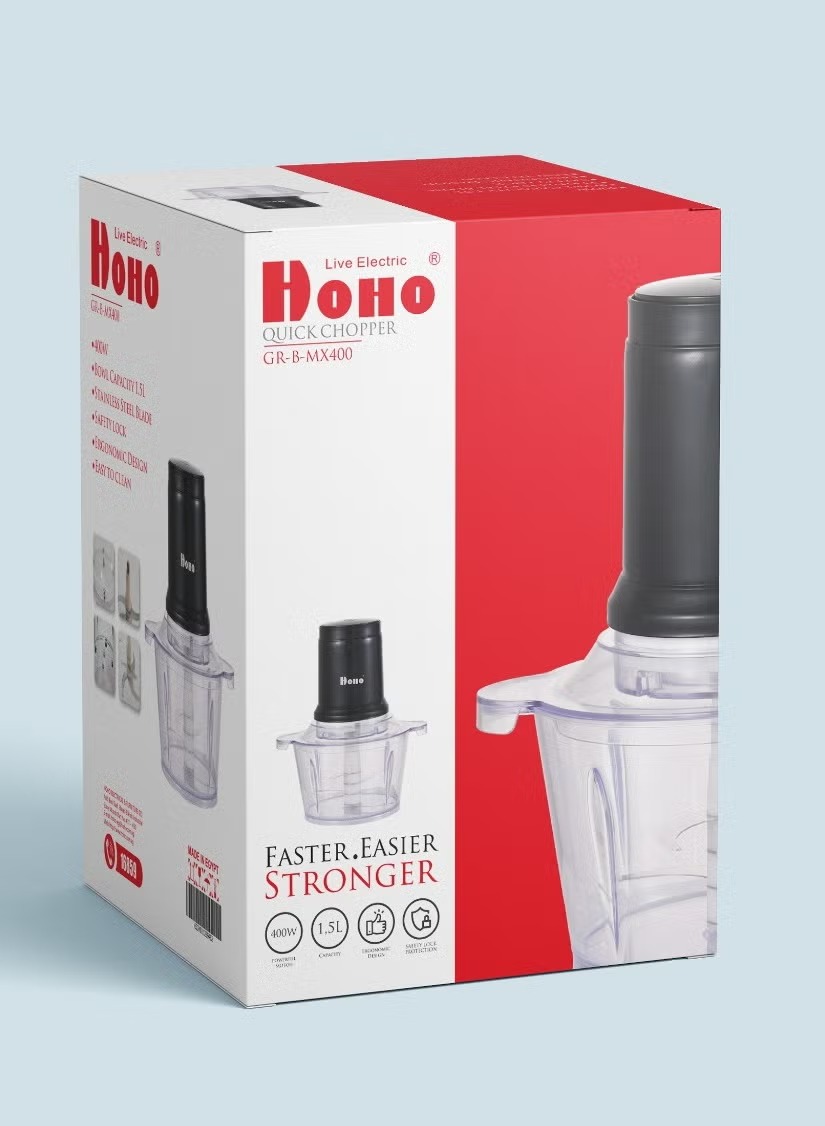 Hoho Electric Chopper 1.5 Liter , 400 Watt Transparent Black - GR-B-MX400
