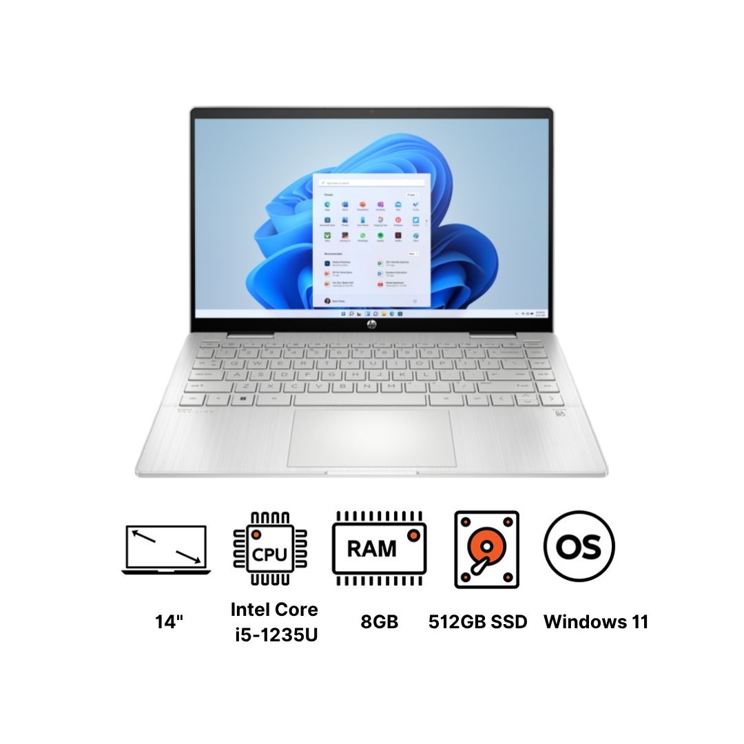 لاب توب اتش بي بافيليون X360 14-EK0011NE ، معالج انتل كور i5-1235U 14 بوصة ، هارد 512 جيجا بايت SSD ، رام 8 جيجا بايت ، كارت شاشة انتل ايريس XE جرافيكس ،ويندوز 11 - فضي