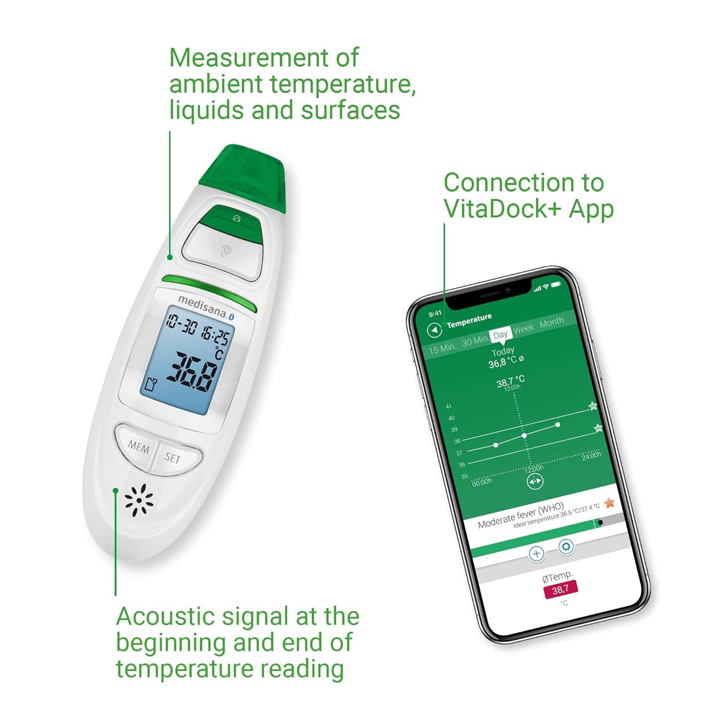 Medisana TM 750 Digital Thermometer , White Green - 76140