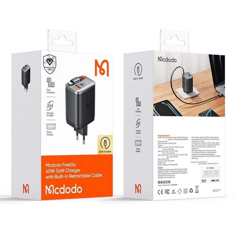 Mcdodo Wall Charger with Retractable USB-C Cable , 2 Ports Dual Ports Type C and A , 40 Watt Black - CH-4281