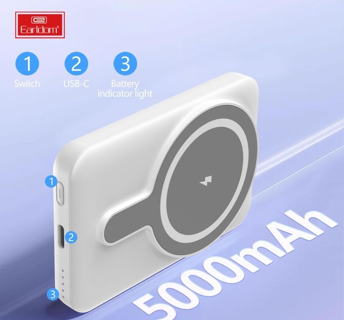Earldom PD40 Wired / Wireless MagSafe Power Bank , 5000 mAh 1 Ports , White Gray