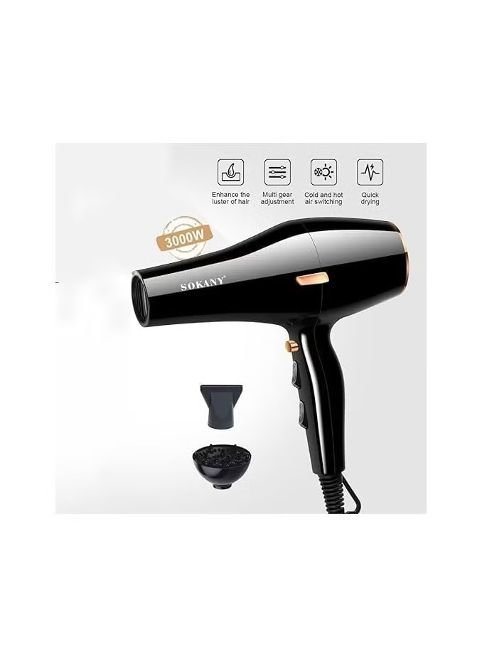 Sokany Hair Dryer 3000 Watt , Black - SK-2225