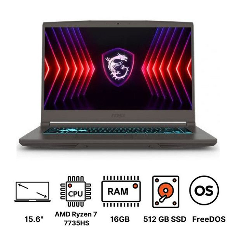 لاب توب ام اس اي ثن A15 B7VF ، معالج ايه ام دي رايزن 7 7735HS 15.6 بوصة ، هارد 512 جيجا بايت ، رام 16 جيجا بايت ، كارت شاشة انفيديا جي فورس RTX 4060 ،فري دوس - رمادي كوزموس