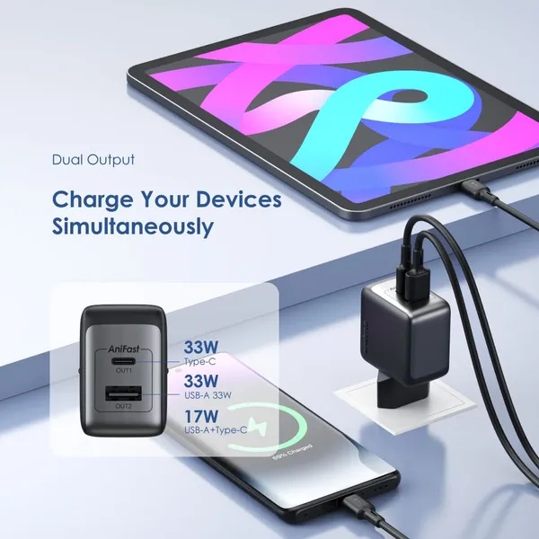 Oraimo PowerGaN 33 Pro Wall Charger , 2 Ports Dual Ports Type C and A , 33 Watt Black - OCW-7331E