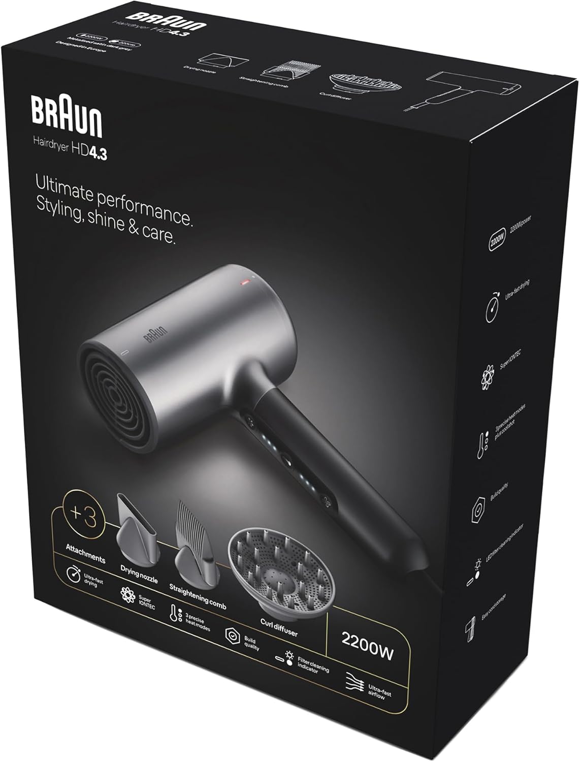 Braun HD 4.3 Hair Dryer 2200 Watt , Black Silver - BRHD435SDE