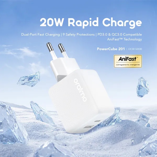 Oraimo PowerCube 201 Wall Charger with Type C Cable , 2 Ports Dual Ports Type C and A , 20 Watt 5 Volt White - OCW-5203ECC