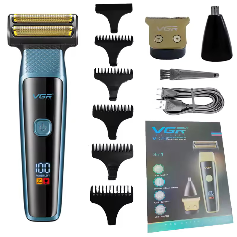 ماكينة حلاقة كهرباء في جي ار Professional 3 in 1 ، استخدام جاف ، اسود وازرق - V-366