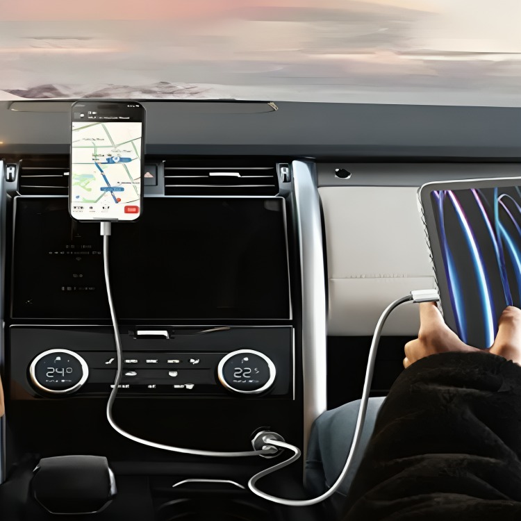 Nine Super Dual Port 56 Car Charger , 2 Ports , Dual Ports Type C and A , 52 Watt , 12 Volt , Silver