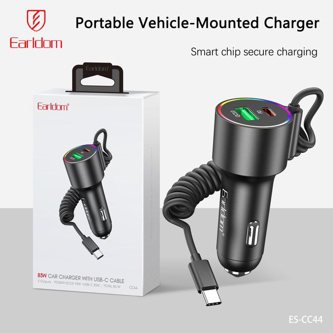 Earldom Car Charger with Cable Type C , 2 Ports , Dual Ports Type C and A , 83 Watt , Black - ES-CC44