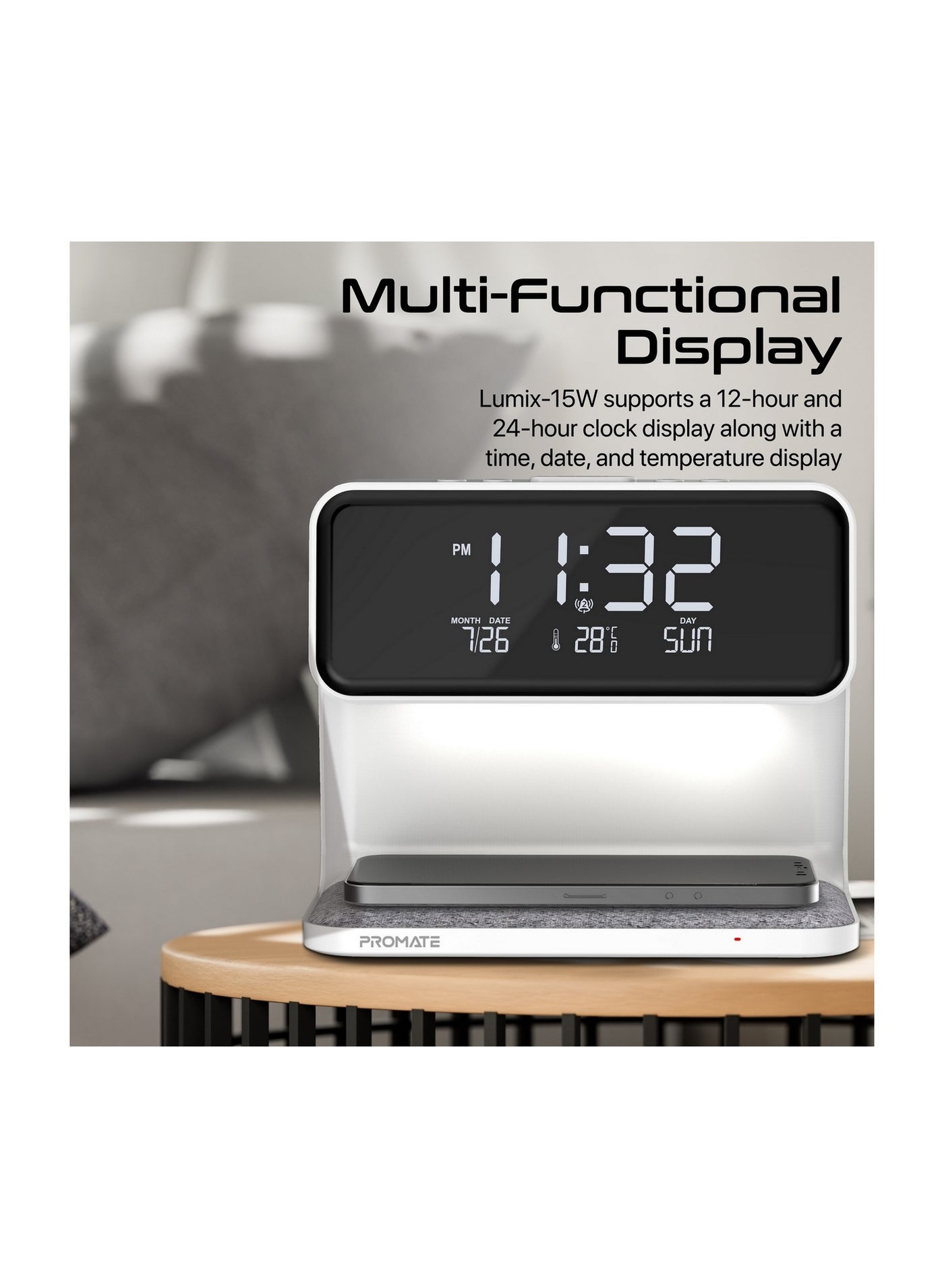 Promate Digital Alarm Clock with Wireless Charging Pad , White - LUMIX-15W.WHITE