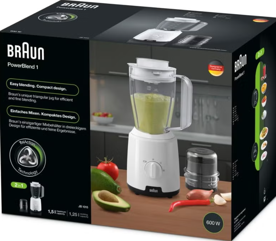 Braun PowerBlend 1 Countertop Blender 1.5 Liter 600 Watt White - JB1015WH