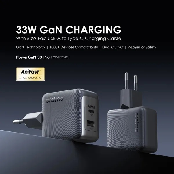 Oraimo PowerGaN 33 Pro Wall Charger , 2 Ports Dual Ports Type C and A , 33 Watt Black - OCW-7331E