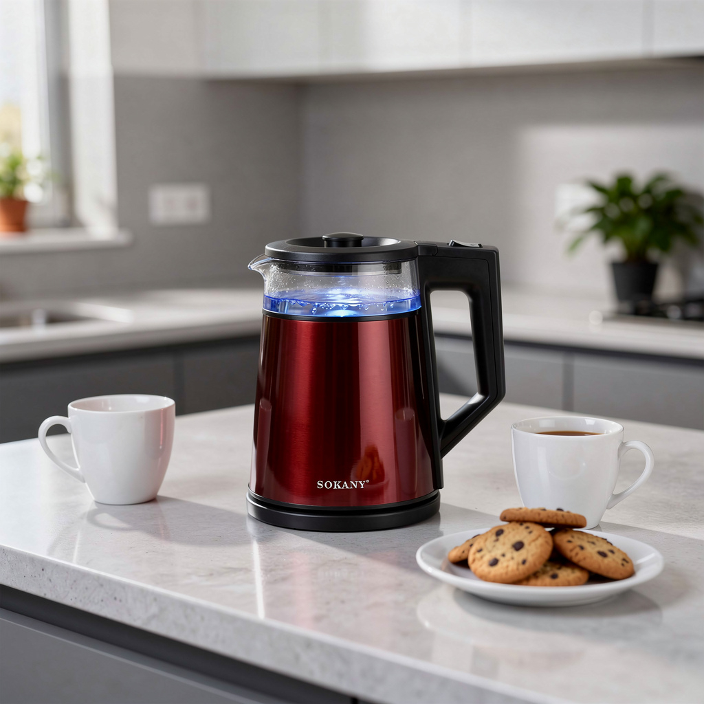 Sokany Stainless Steel Electric Kettle , 1.7 Liter 2000 Watt , Metallic Red - Sk-SH-1076