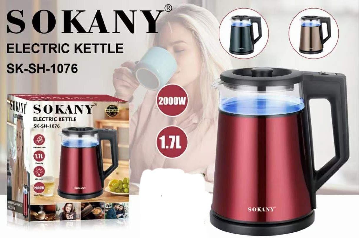 Sokany Stainless Steel Electric Kettle , 1.7 Liter 2000 Watt , Metallic Red - Sk-SH-1076
