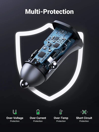 شاحن سيارة يوجرين ، عدد 2 منفذ USB ، قدرة 30 وات ، رمادي - CD130