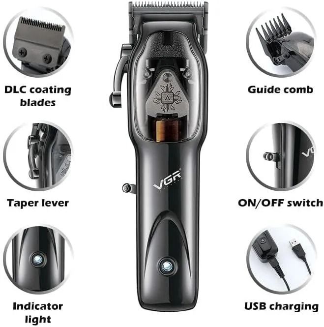 VGR Professional Salon Series Rechargeable Hair Clipper with Attachments Dry , Black - V-653