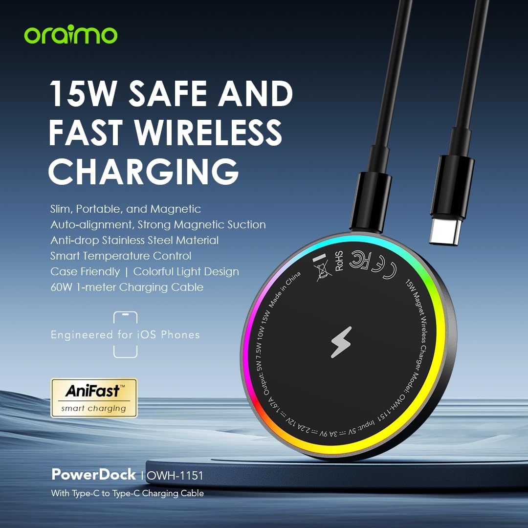 Oraimo PowerDock Wireless Charging Pad , 15 Watt , Black - OWH-1151