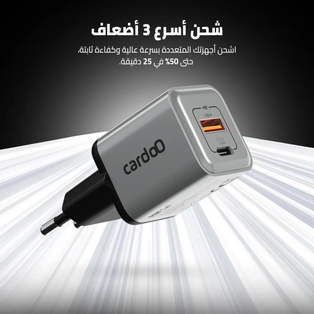 Cardoo Wall Charger , 2 Ports Dual Ports Type C and A , 35 Watt 240 Volt Black Silver - CGLAEU01