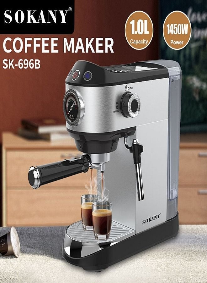 Sokany Espresso Machine , 1 Liter 2 Cups 1450 Watt , Silver Black - SK-696B