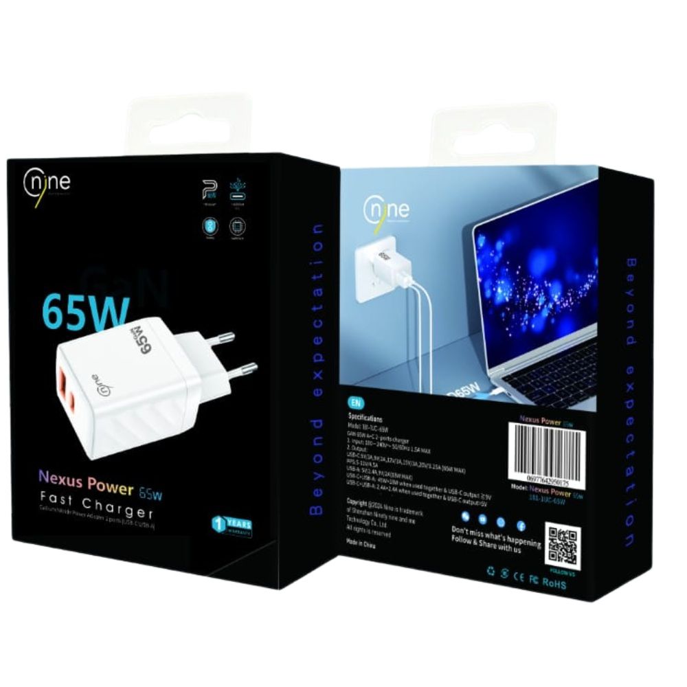 Nine Nexus Power Wall Charger , 2 Ports Dual Ports Type C and A , 65 Watt 100 Volt White