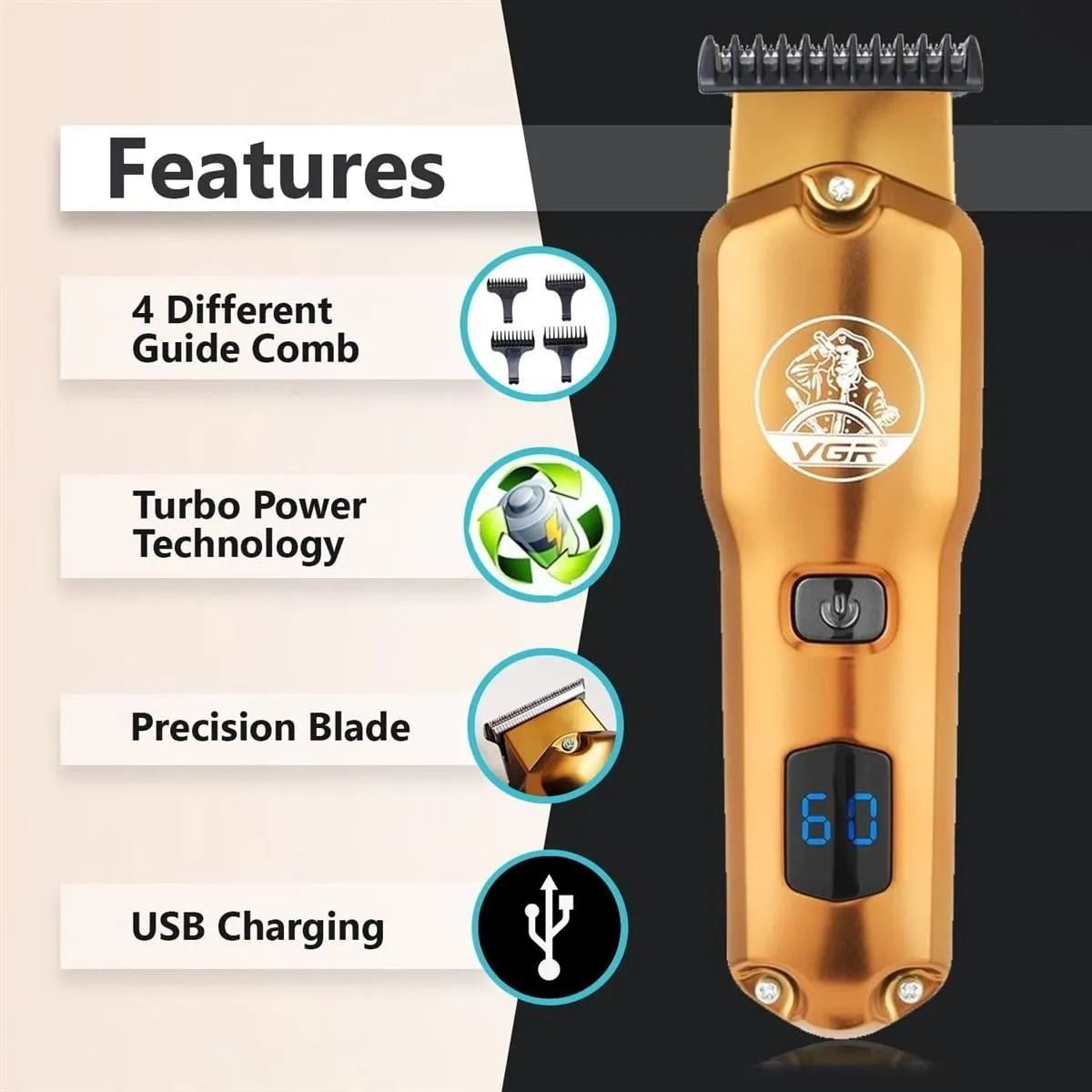 VGR Professional Rechargeable Hair Trimmer with Attachments Wet & Dry , Gold - V-927