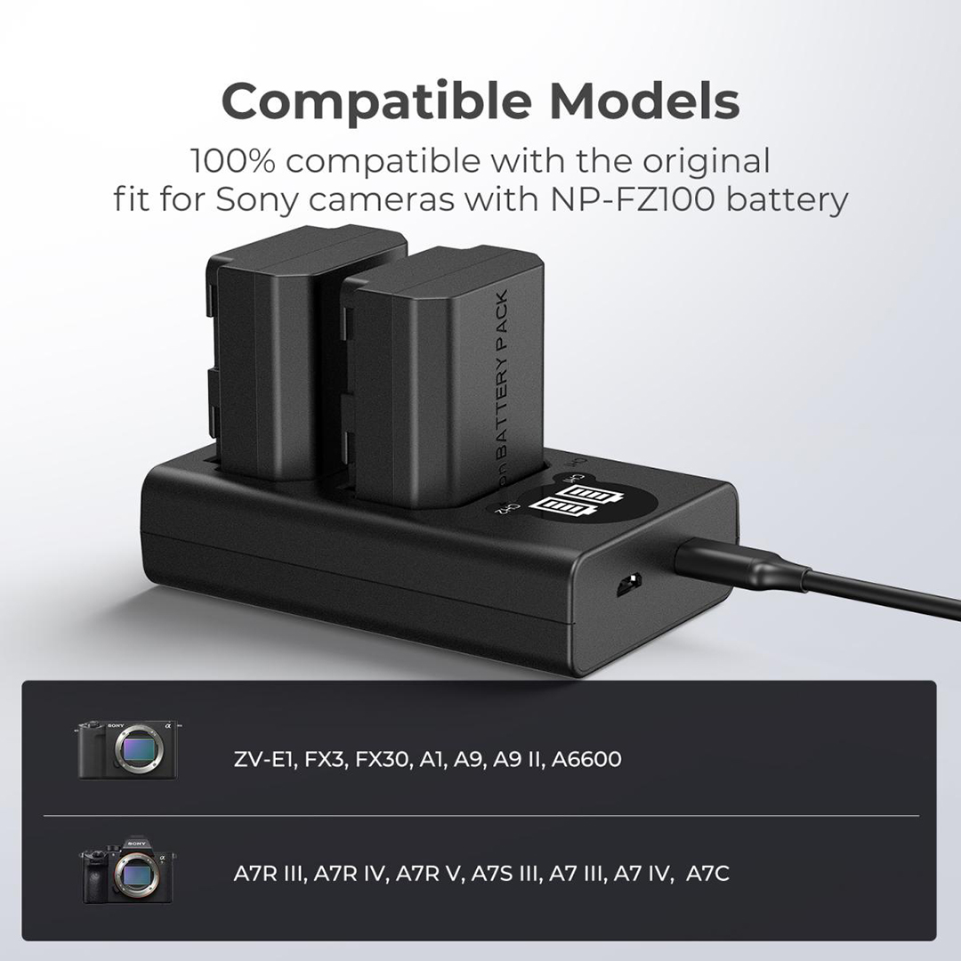 K&F Concept NP-FZ100 Camera Battery Charger forSony Alpha A7 III, A7R III, A7R IV, A9, A9 II, FX3, FX30, ZV-E1, A6600 ,Black - KF28.001V1