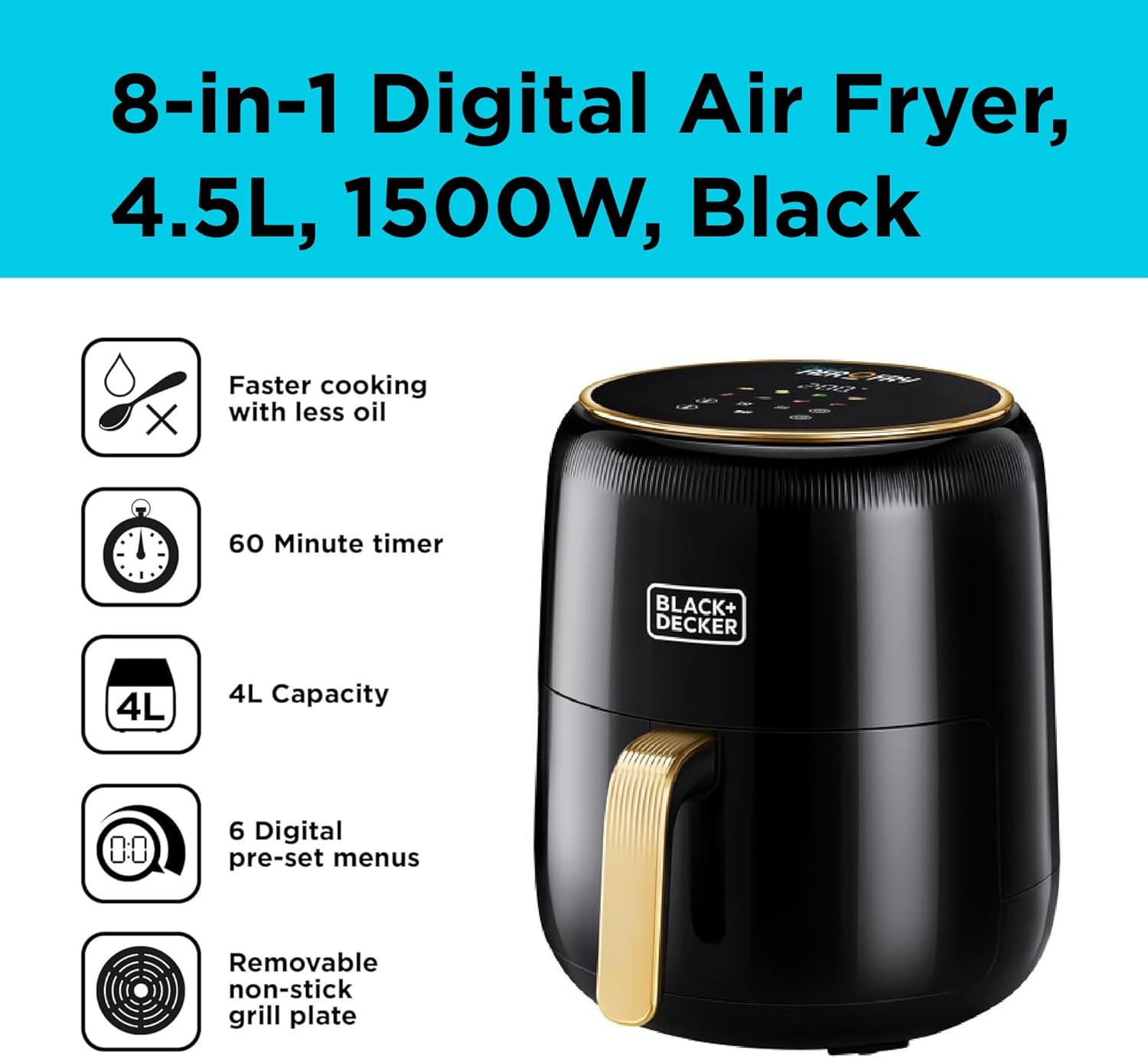 Black + Decker Aerofry Digital Air Fryer , 4.5 Liter , 1500 Watt Black - AF4510-B5
