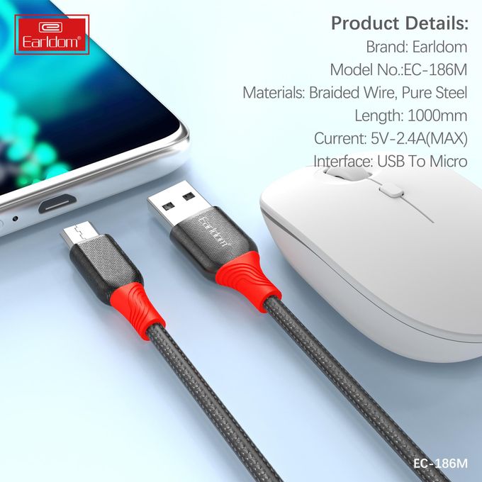 كابل شحن مايكرو USB ايرلدوم ، طول 1 متر ، اسود واحمر - EC-186M