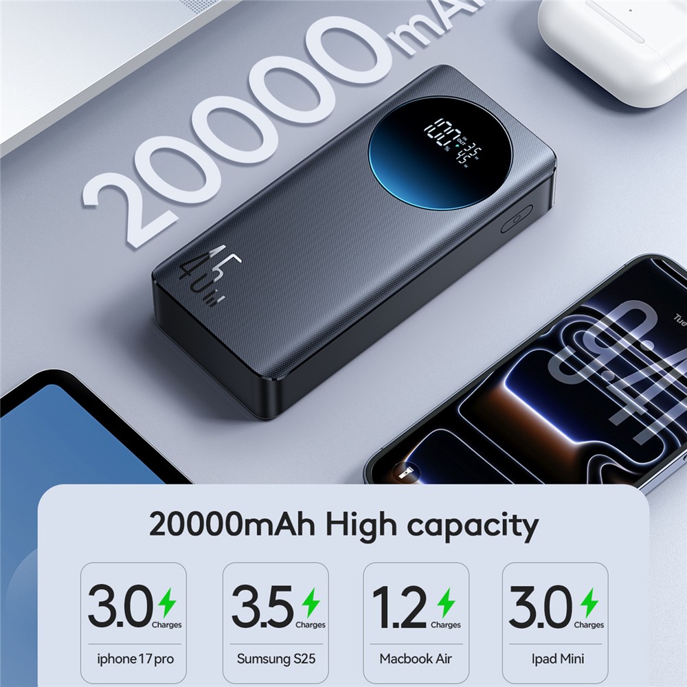 Joyroom Wired Power Bank , 20000 mAh 4 Ports , Black , JR-PBF02 Pro