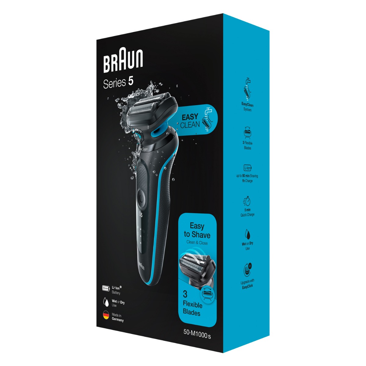 ماكينة حلاقة كهرباء براون Series 5 EasyClean ، استخدام جاف ورطب ، ازرق واسود - 50-M1000s