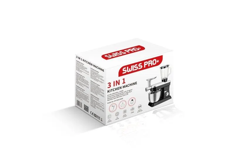 Swiss Pro Plus 3 in 1 Food Processor with Attachments , 1500 Watt Black Silver - SP-PKM1900B
