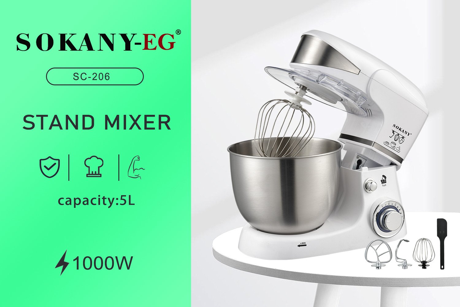 Sokany Stand Mixer with Attachments 5 Liter White - SC-206